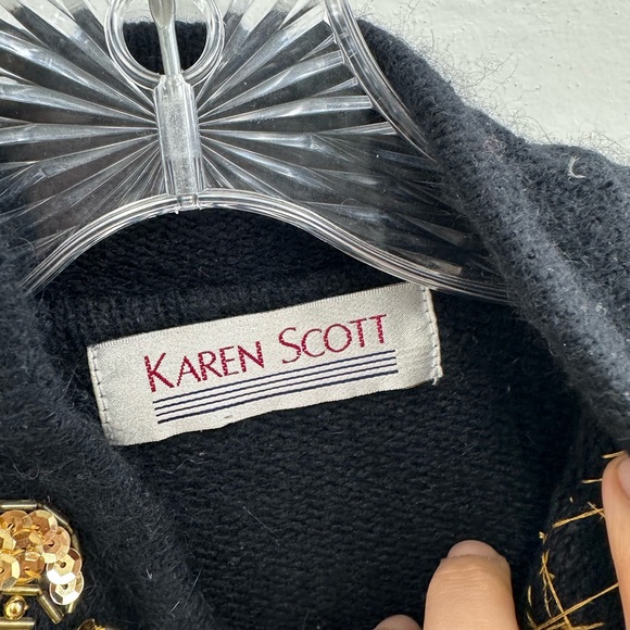 Vintage Karen Scott Black Silk Wool Sequin Beaded Knit Cardigan Sweater Size M - Picture 7 of 10